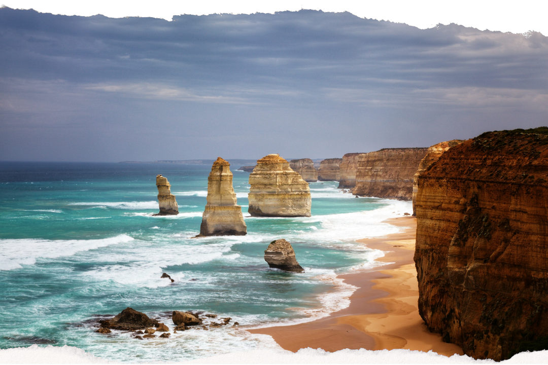 The Twelve Apostles limestone stacks at sunset on the Great Ocean Road