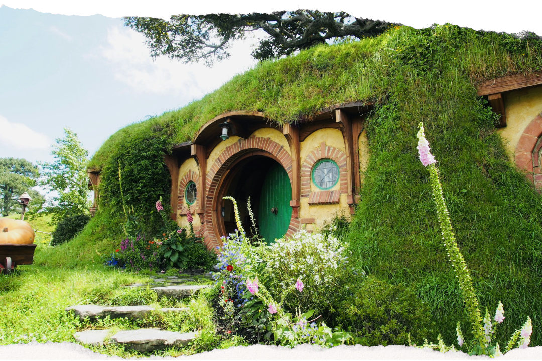 Hobbit hole doorway at Hobbiton movie set, Matamata, New Zealand