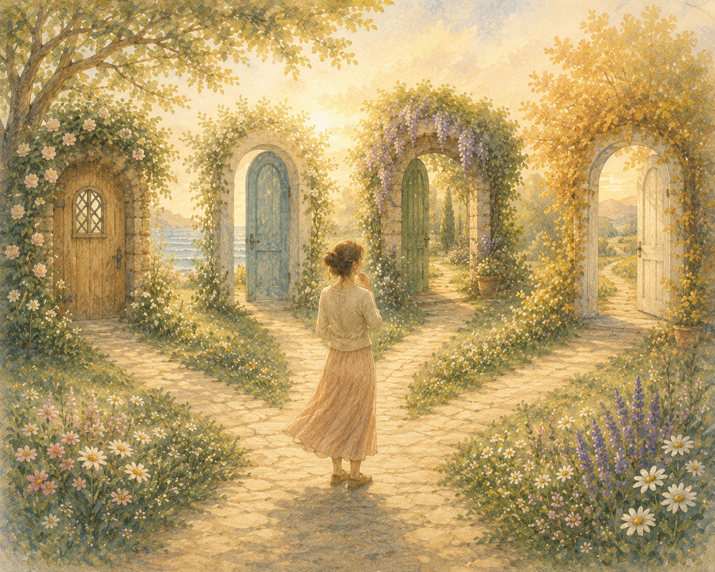 A woman standing on a sunlit path between flower-covered arched doorways