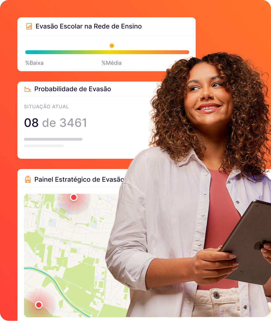 Mulher morena de cabelo cacheado, vestindo uma camisa branca sobrepondo uma camiseta rosa. Ela segura um tablet enquanto sorri. Ao fundo há imagens ilustrativas do sistema Atende.Net Educação.