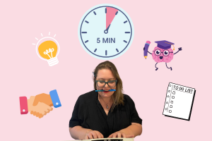 Image of NSW Local Leader Alison Pickel hard at work surrounded by cute productivity graphics such as a cartoon brain, a to-do list and a 5-minute timer