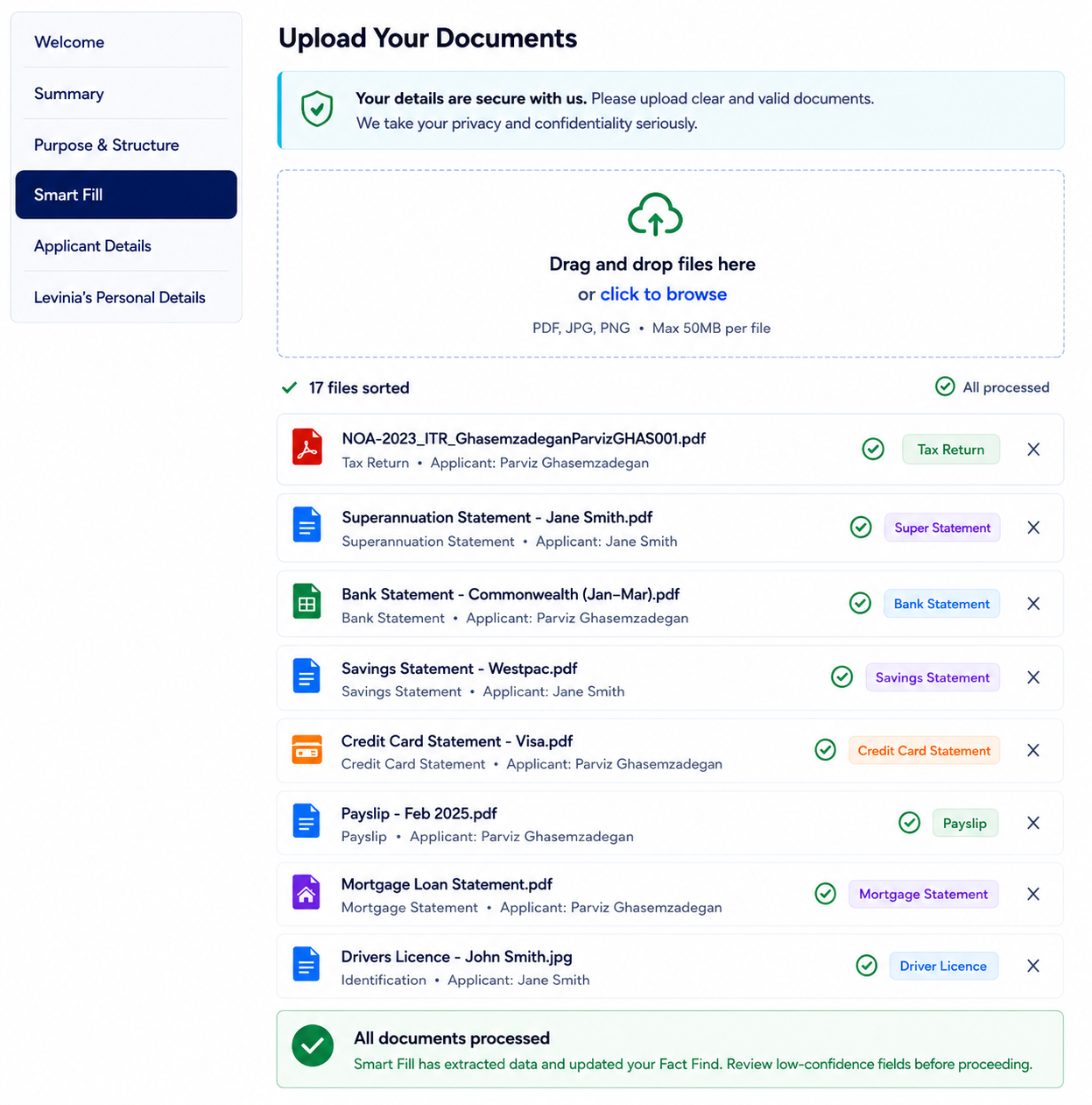 Effi Smart Fill Bulk Upload showing a document pack being classified and matched to applicants