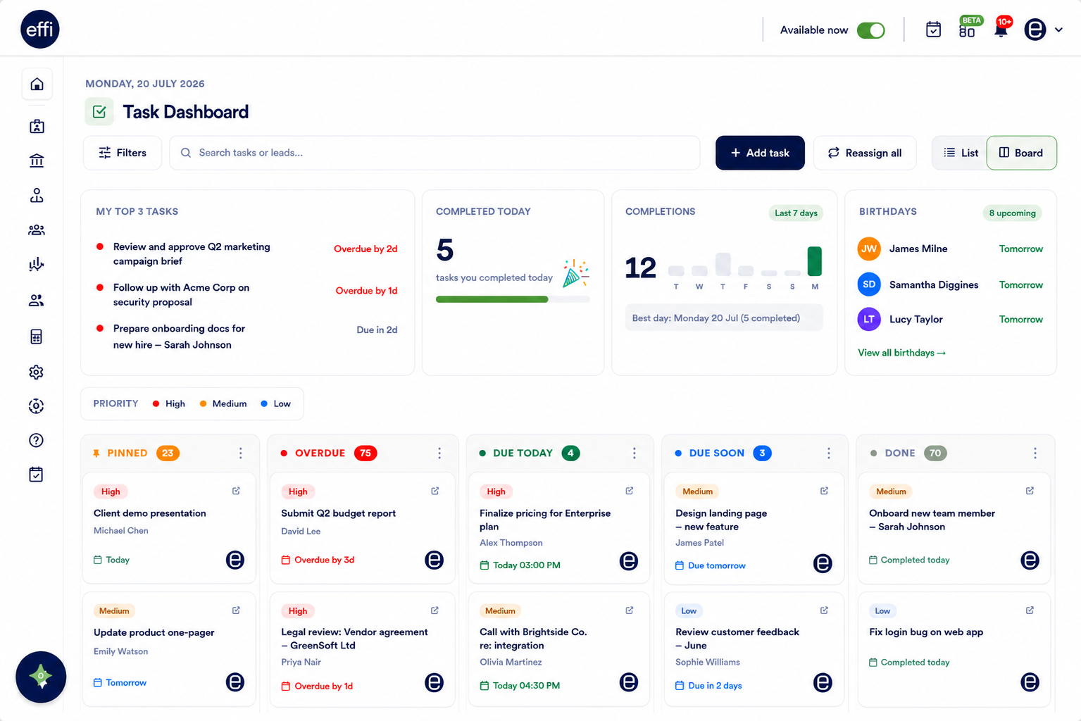 Effi Task Dashboard showing pinned, overdue, due today, due soon and done task columns