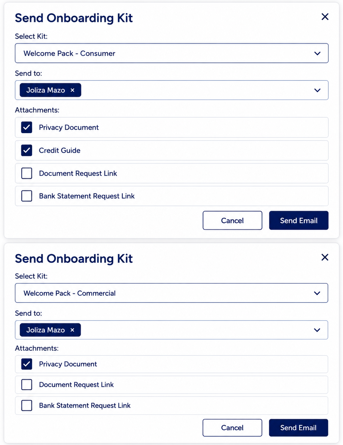 Effi Onboarding Kit button showing document selection on a lead