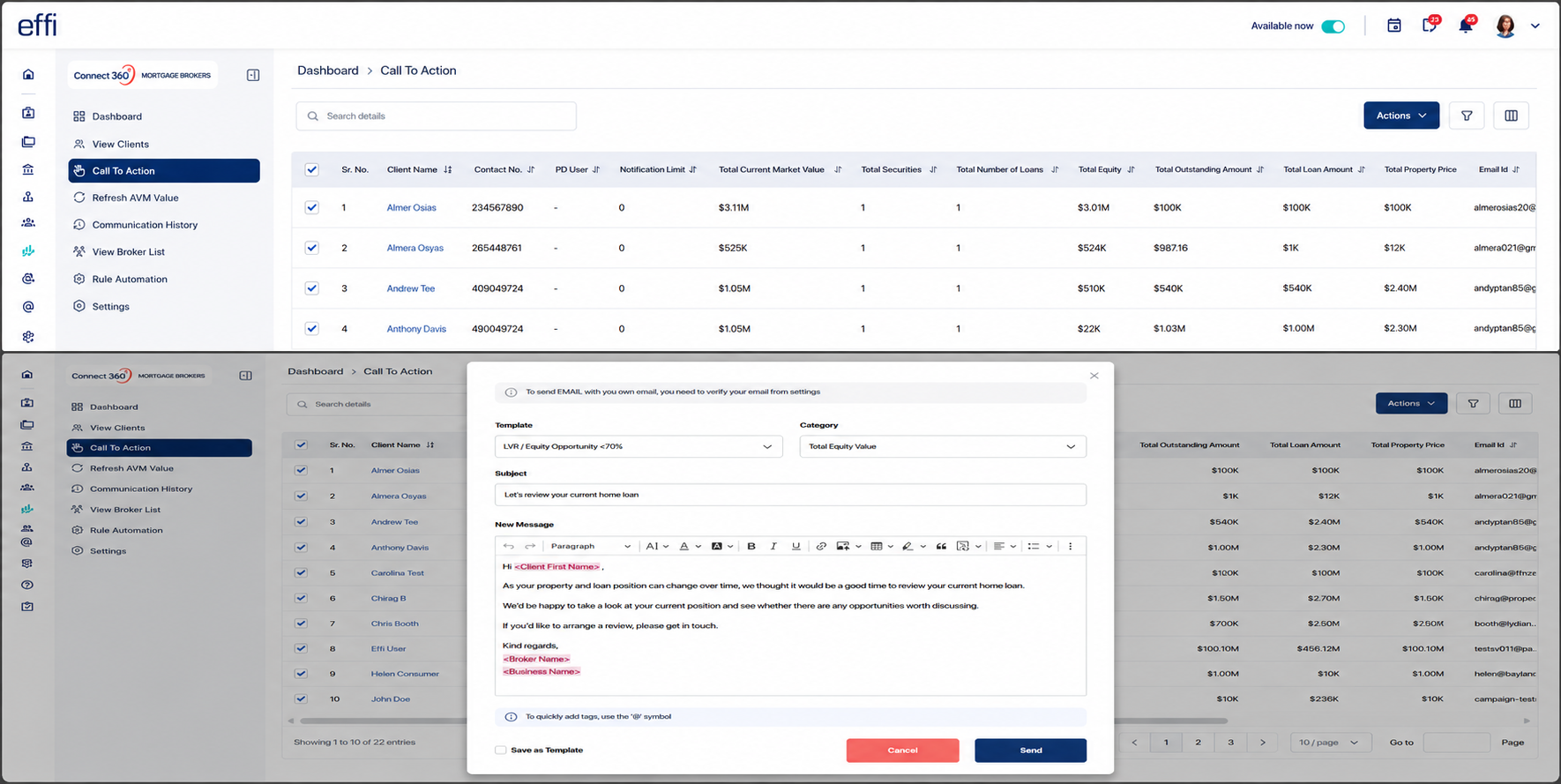 Effi Client Retention — does the outreach