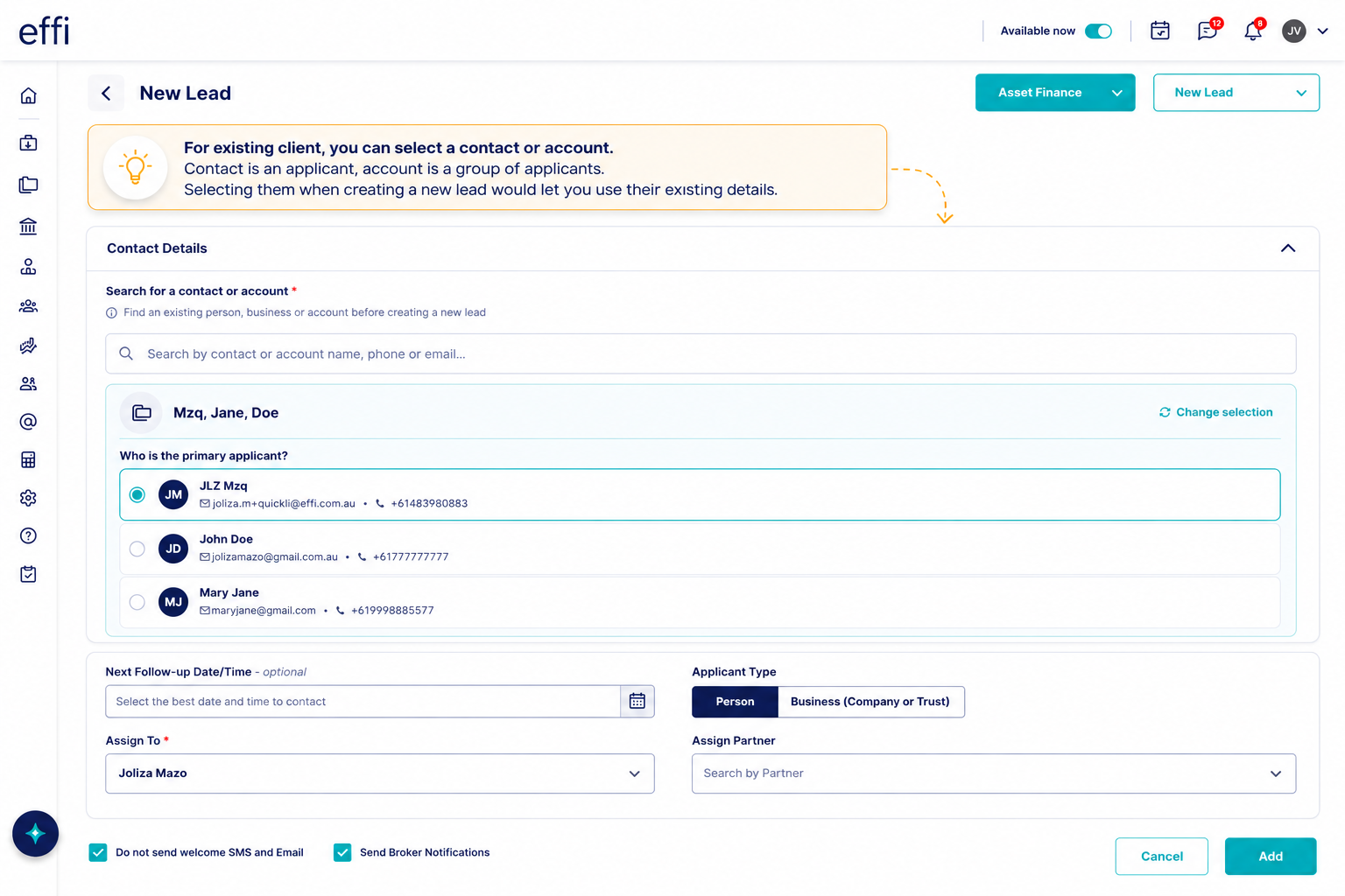 Creating a new Lead against an existing client in Effi