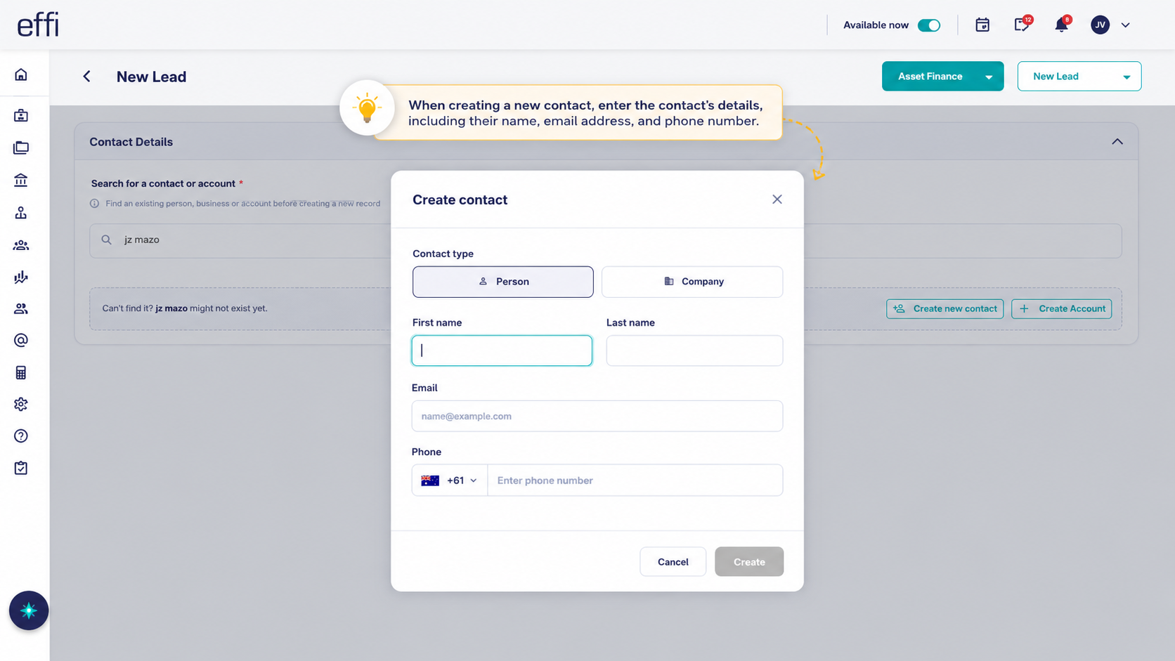 Creating a new Contact in Effi