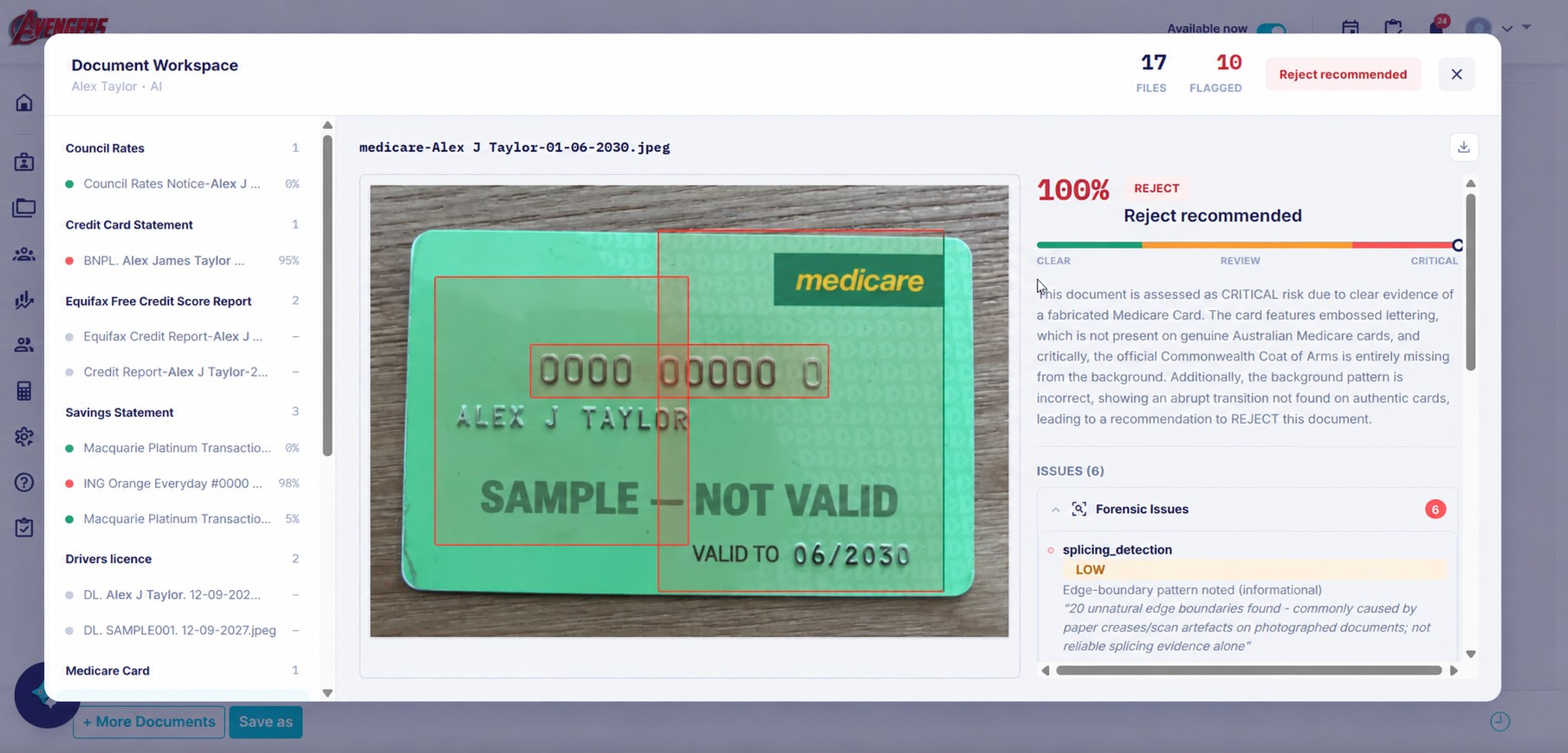 Effi Document Workspace: every file in a Document Collection request in one view, with AI analysis of a sample Medicare card.