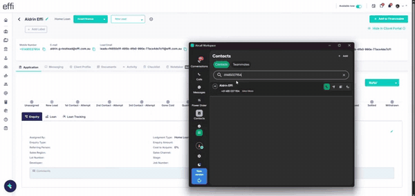 Aircall contact sync: creating a lead in Effi, then finding the new contact in Aircall automatically.