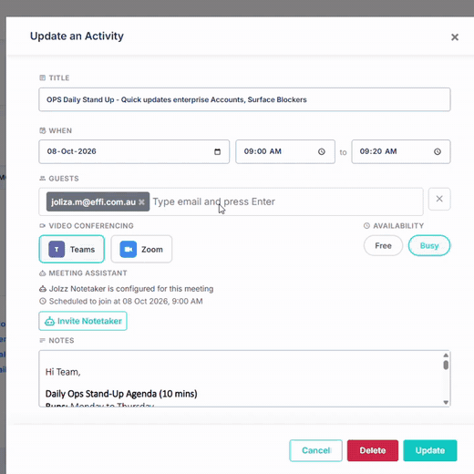 Inviting Effi NoteTaker to a meeting from the Effi Calendar: open the activity, choose Invite Notetaker, then Join now or Join at a time.