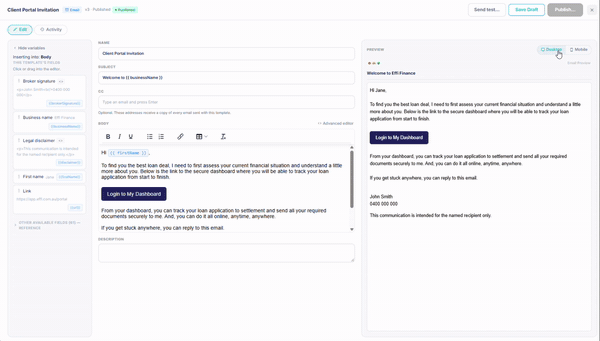 Editing Effi templates: an SMS template with phone preview, an email template in desktop and mobile preview, and the template's activity history.