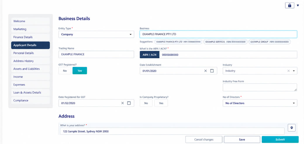 ABN lookup in the Effi Fact Find: start typing a business name and pick from suggestions to fill in the business and ABN details.