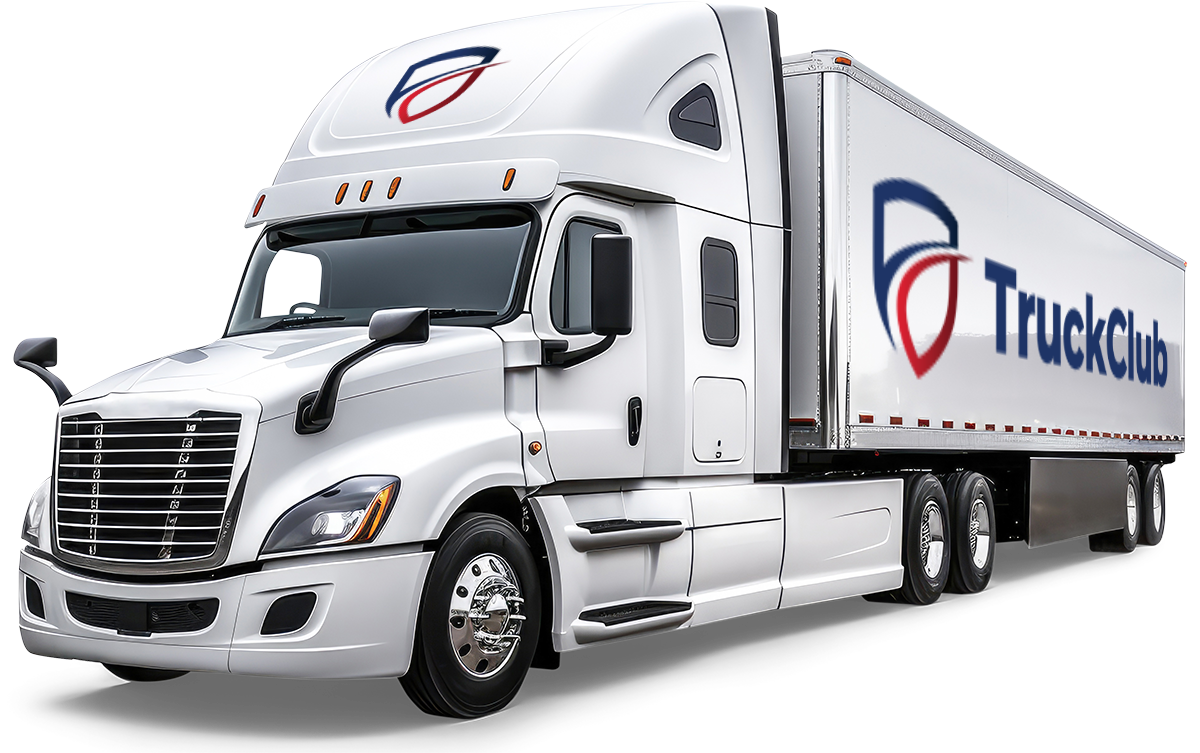 White semi truck and trailer with TruckClub logo on trailer