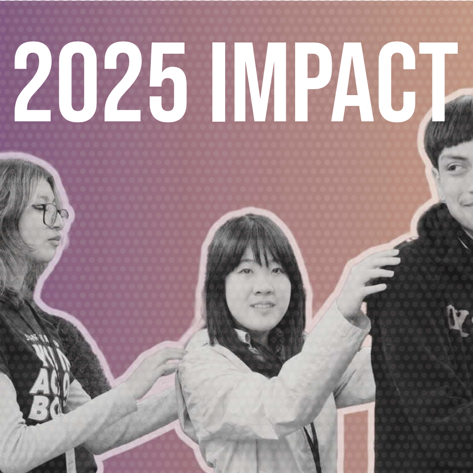 3 young people with their hands on eachothers shoulders facing towards the left with the words 2025 impact above their heads