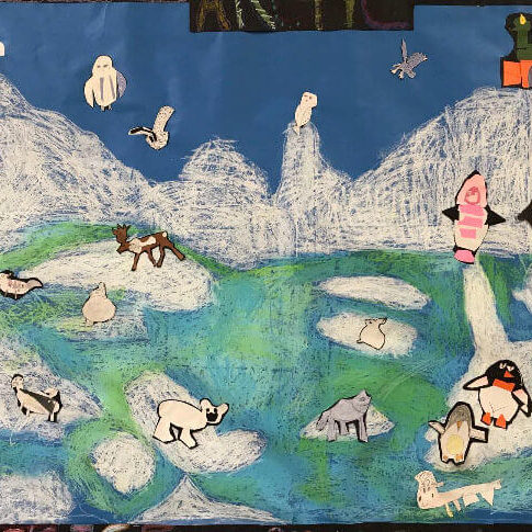 painting of artic animals stranded on blocks of ice
