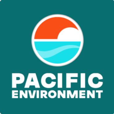 teal background with white circle with red wave arching to the right and light blue water beneath