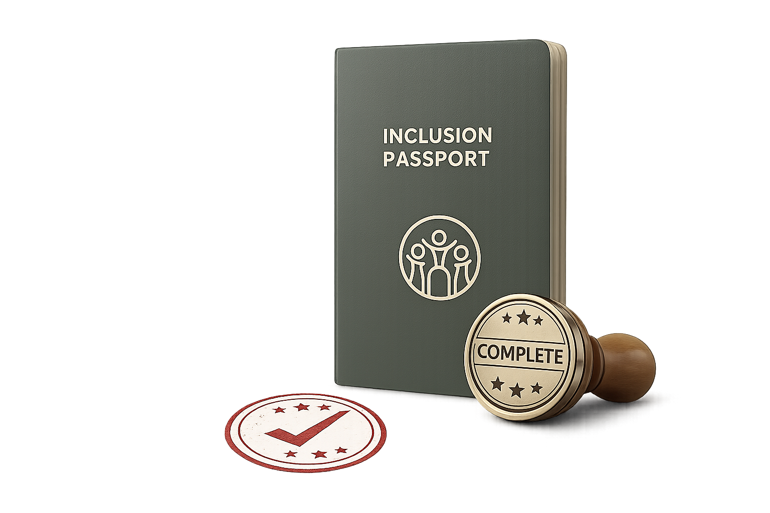 Visual of a green passport that reads "Inclusion Passport"