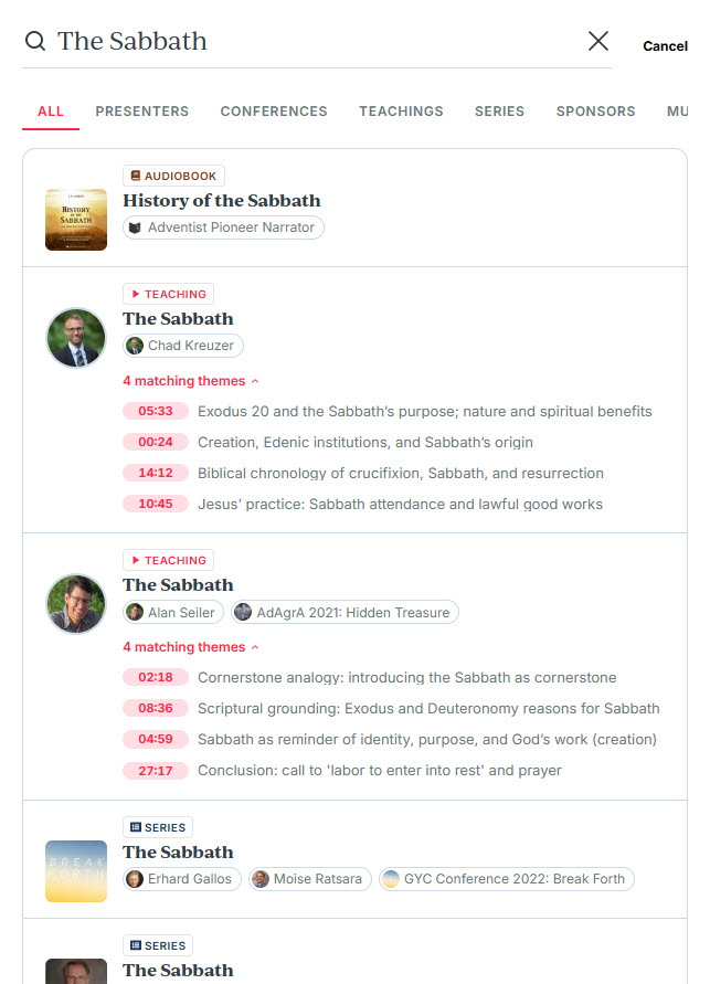 New AudioVerse search results showing timestamped themes within a recording