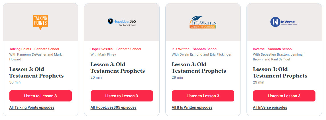 Four lesson cards for Sabbath School episodes about Old Testament prophets