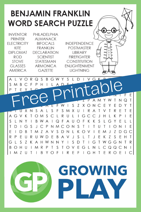 Benjamin Franklin Word Search Free Printable - Growing Play for Free Printable Pictures Of Benjamin Franklin