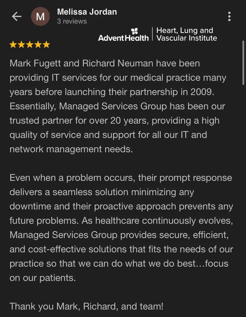 Five-star healthcare practice client review from Melissa Jordan highlighting over 20 years of trusted IT support from Managed Services Group for their medical practice.
