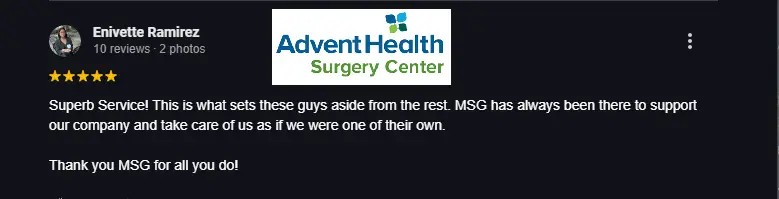 Five-star healthcare practice client review from Enviette Ramirez of AdventHealth Surgery Center, praising MSG for superb service and treating their team like family.