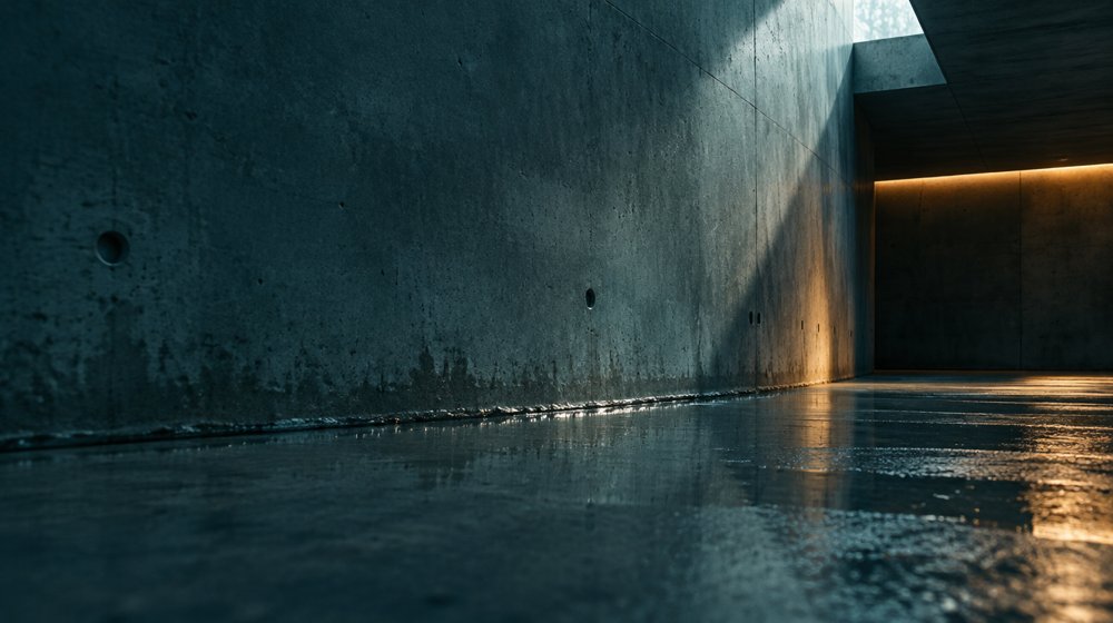 Ambiente interrato in calcestruzzo con acqua al piede della parete, illustrazione