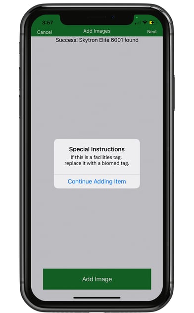 Screenshot of Helix Mobile app "Special Instructions" warning screen.