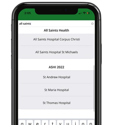 Screenshot of Helix Mobile app "Facility Chooser" screen