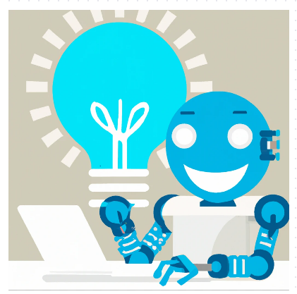 graphic of a smiling humanoid robot typing on a laptop