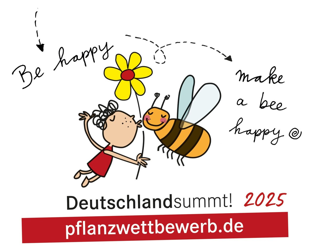 Bild, auf dem ein Mensch, der eine Blume hält und eine Biene küsst, zu sehen ist. Auf dem Bild steht "Be happy make a bee happy Deutschlandsummt! 2025 pflanzwettbewerb.de".