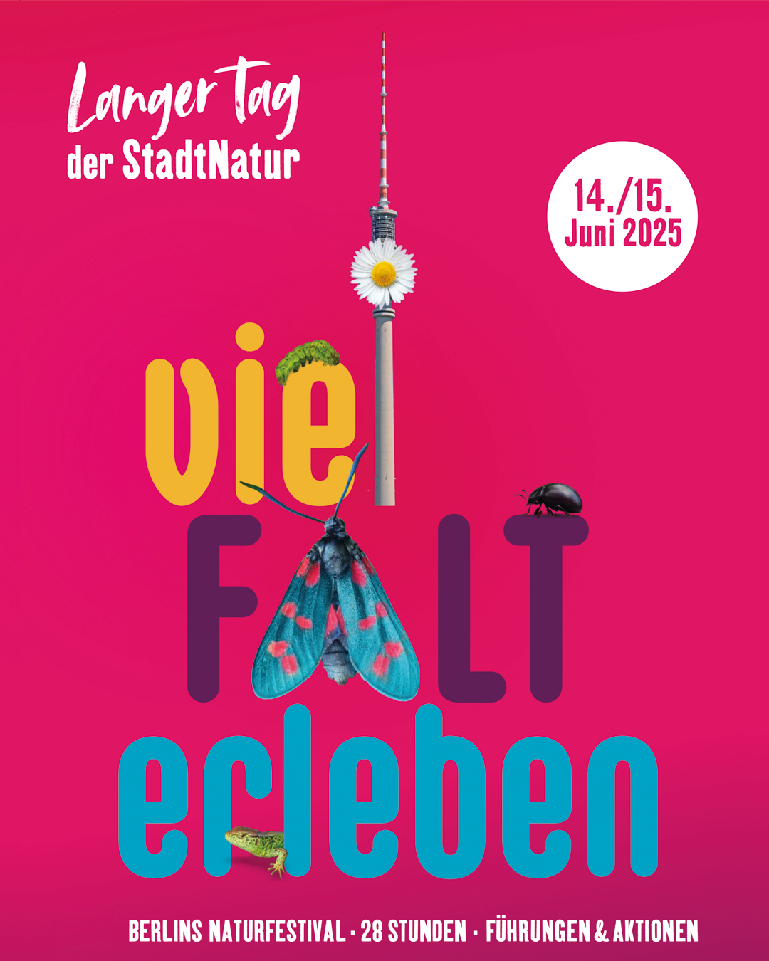 Poster mit der Beschriftung "Langer Tag der StadtNatur 14./15. Juni 2025 Vielfalt erleben Berlins Naturfestival 28 Stunden Führungen & Aktionen".