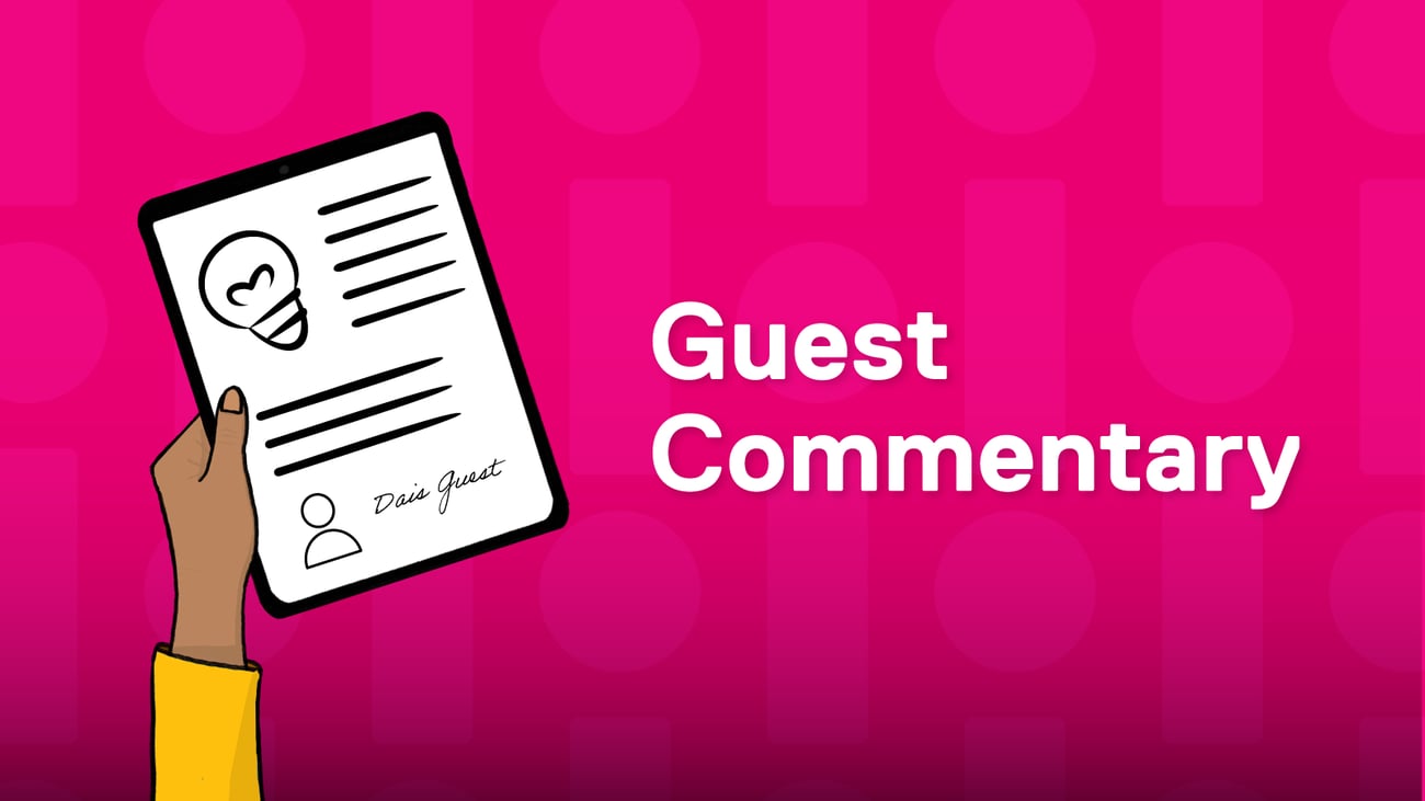 An illustration of a hand holding up a paper with the text Guest Commentary
