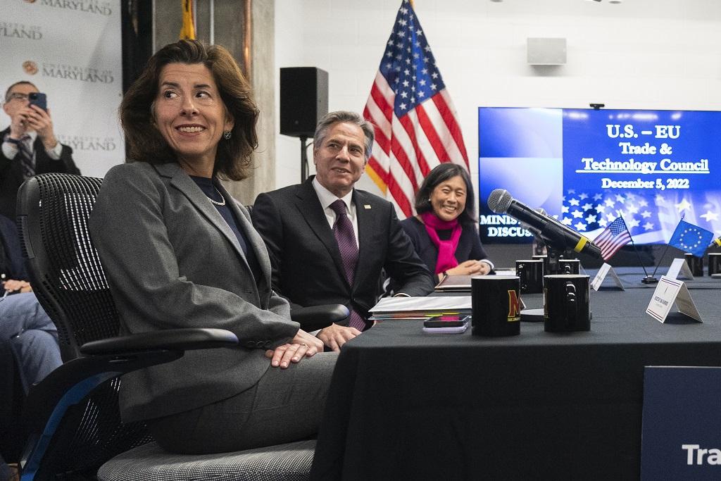 From left, Secretary of Commerce Gina Raimondo, Secretary of State Antony Blinken, and United States Trade Representative Katherine Tai are seated before the start of
the U.S.-European Union Trade and Technology Council Strategic Discussion, December 5, 2022, in College Park, Maryland.