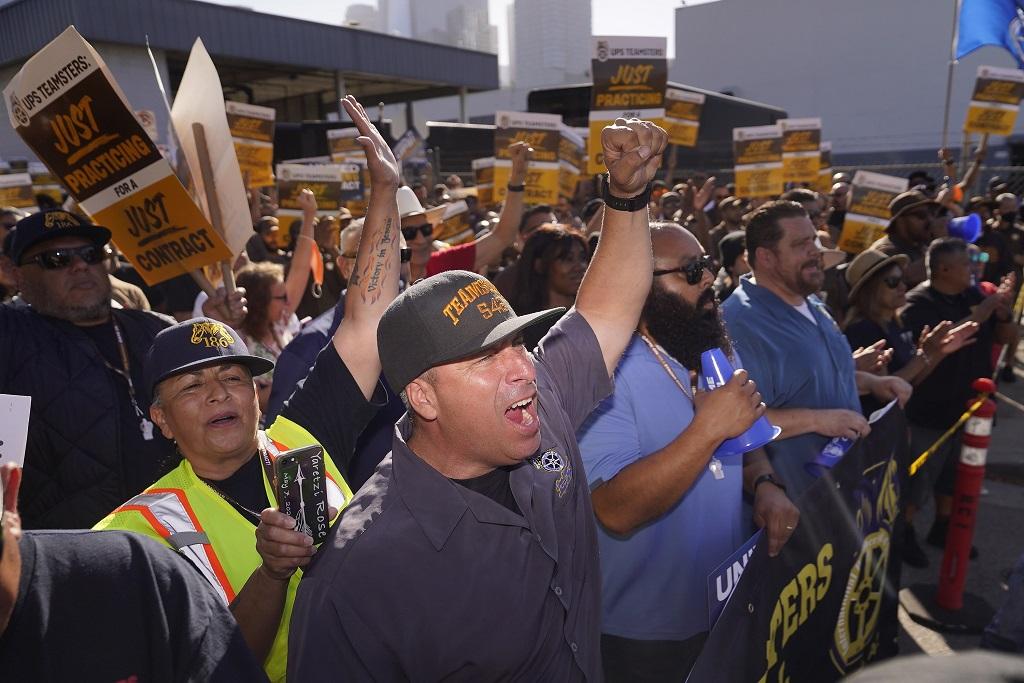 UPS Teamsters and workers hold a rally in downtown Los Angeles, July 19, 2023, as a national strike deadline nears.