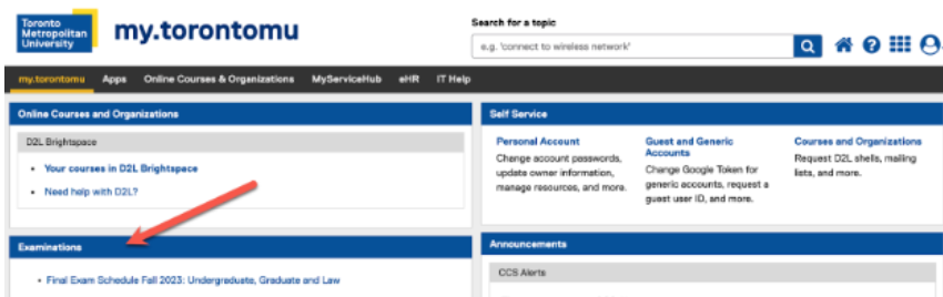 A screenshot of my.torontomu portal indicating where the exam schedule is found