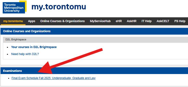Screenshot of my.toronto.mu, examinations, exam schedule