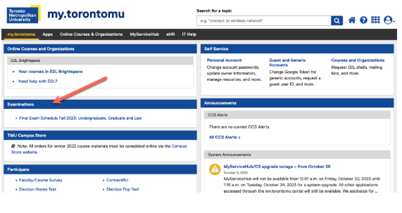 Red arrow points to Exams on homepage.