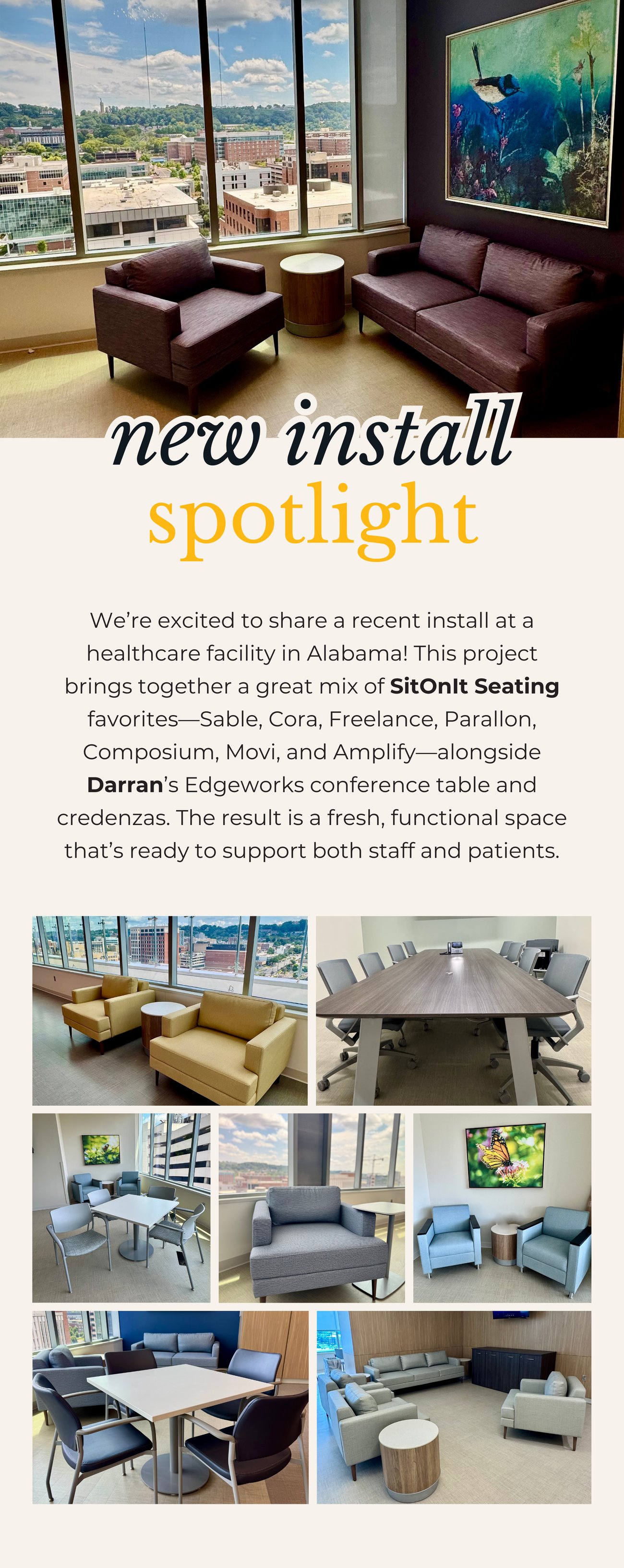 NEW INSTALL SPOTLIGHT: We’re excited to share a recent install at a healthcare facility in Alabama! This project brings together a great mix of SitOnIt Seating favorites—Sable, Cora, Freelance, Parallon, Composium, Movi, and Amplify—alongside Darran’s Edgeworks conference table and credenzas. The result is a fresh, functional space that’s ready to support both staff and patients.