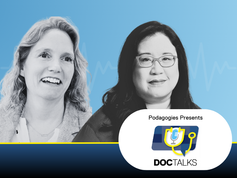 Dr. Heather MacNeil and Dr. Teresa Chan against a blue background with the
DocTalks logo in the bottom right. 