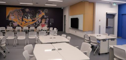 A circle of chairs and desks in front of a mural wall in the Active Learning Classroom. A circle of chairs and desks in front of a mural wall in the Active Learning Classroom.