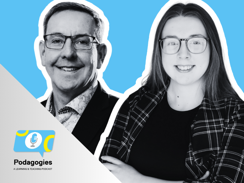 Arica Oliver and Dr. Mark Julien smiling next to the Podagogies logo
