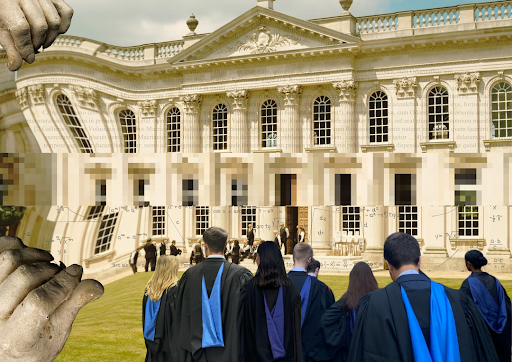 Students in graduation gowns approaching the front of a traditional large hall. Statue-like hands reach into the frame and tear the building into two halves, representing humanities (text in Latin on top) and STEM (mathematical formulas on bottom). The torn
middle portion is pixelated and blurry. Students in graduation gowns approaching the front of a traditional large hall. Statue-like hands reach into the frame and tear the building into two halves, representing humanities (text in Latin on top) and STEM (mathematical formulas on bottom). The torn middle portion is pixelated and blurry.