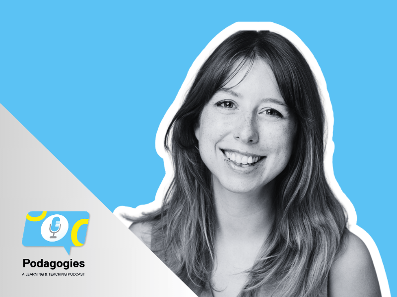 Dr. Sarah Bull smiling with the
Podagogies logo.