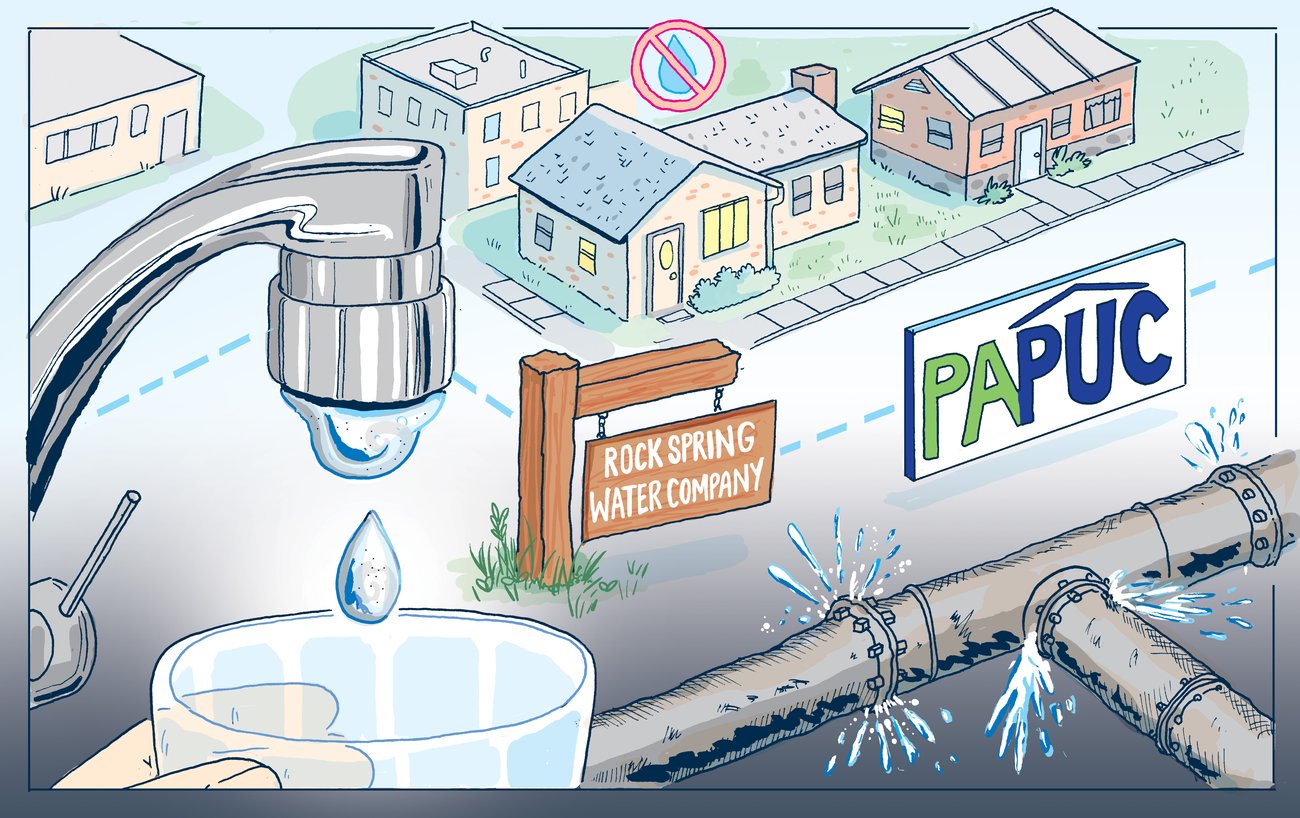 An illustration showing tap water into a glass with a neighborhood in the background