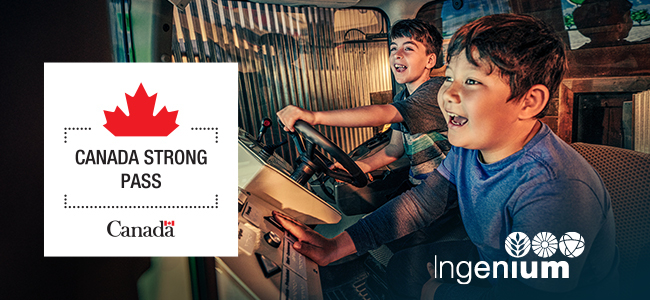 Two children play inside a tractor, steering the wheel and pressing buttons with big smiles on their faces. On the left is the logo for the Canda Strong Pass and to the right is the Ingenium logo.
