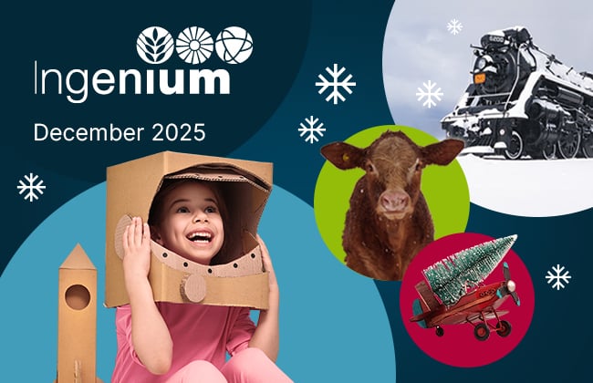 A collection of images representing the three Ingenium museums, including a girl wearing a cardboard astronaut helmet, a cow, a vintage locomotive in the snow, and a red toy airplane carrying a Christmas tree. In the top left corner are the Ingenium logo and the words "December 2025." A collection of images representing the three Ingenium museums, including a girl wearing a cardboard astronaut helmet, a cow, a vintage locomotive in the snow, and a red toy airplane carrying a Christmas tree. In the top left corner are the Ingenium logo and the words "December 2025."