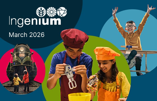 A collage of images representing March Break at the Ingenium museums. In the centre are two children playing with kitchen toys, on the left are two small children pointing up at a steam locomotive, and on the right is a child riding a toy airplane with his hands raised in the air. In the top left is the Ingenium logo and words "March 2026." A collage of images representing March Break at the Ingenium museums. In the centre are two children playing with kitchen toys, on the left are two small children pointing up at a steam locomotive, and on the right is a child riding a toy airplane with his hands raised in the air. In the top left is the Ingenium logo and words "March 2026."