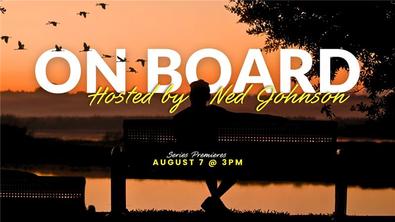 Person on bench viewing sunset with text "OnBoard hosted by Ned Johnson"