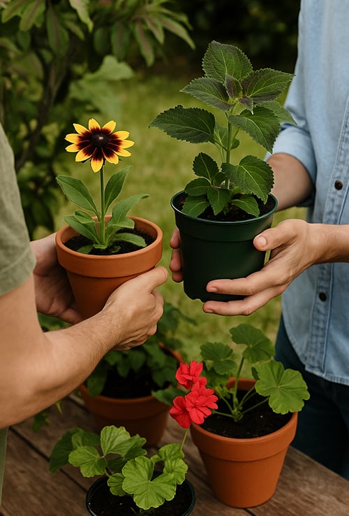 two people exchanging plants